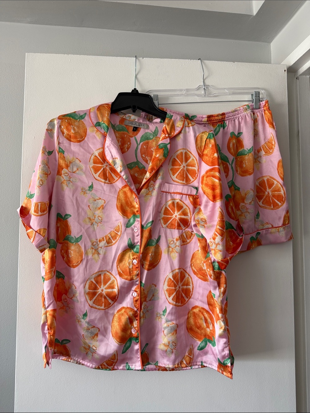 Pink Orange Print Satin Pajama Set Their Nibs Large Short Sleeve Button Up Short
